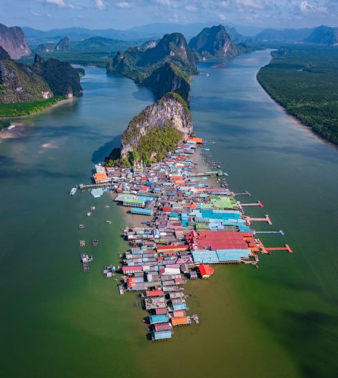 Close-up of the colorful houses on the island.
