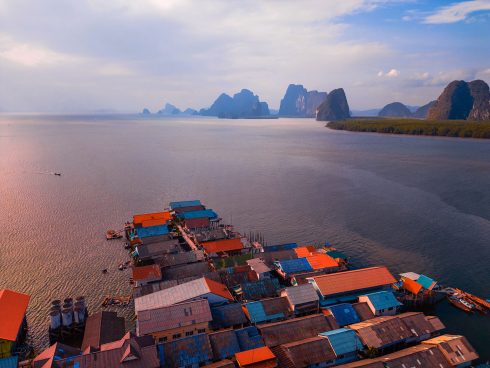 Sunset view over the village, and over the waters.